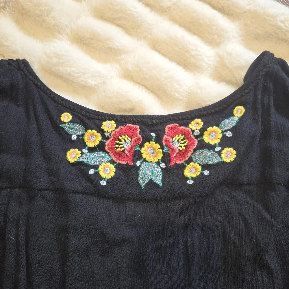 Free People Black Embroidered Balloon Sleeve Boho Oversized Tiered Dress [XS]